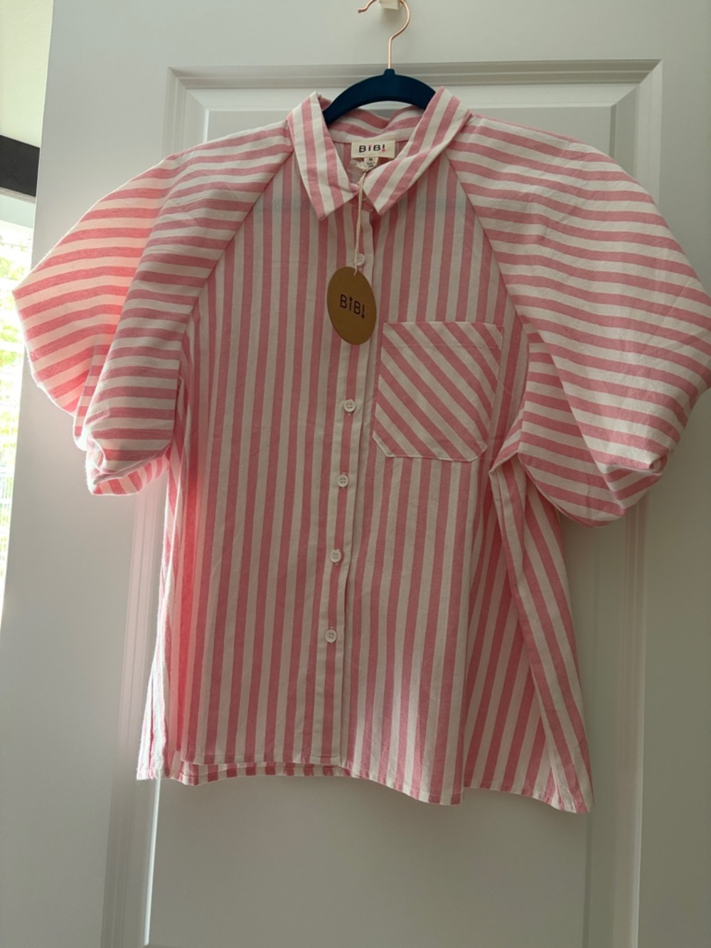 BiBi Pink & White Striped Puff-Sleeve Button-Down Shirt NWT medium